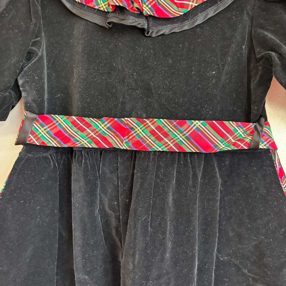 Vintage Girls Velvet Romper Jumper 5 Black Plaid Ruffle Holiday Christmas USA